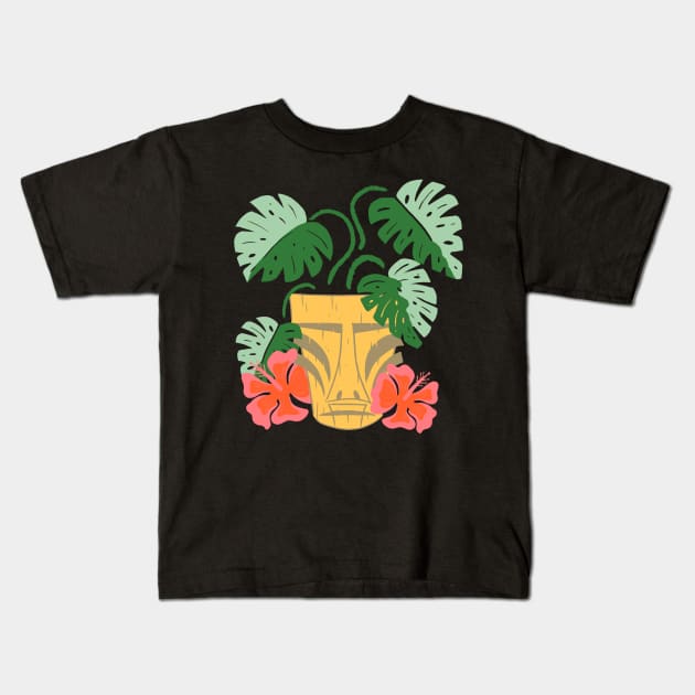 Potted Tiki Green Monstera Houseplant with Hibiscus Flowers Kids T-Shirt by ksrogersdesigns